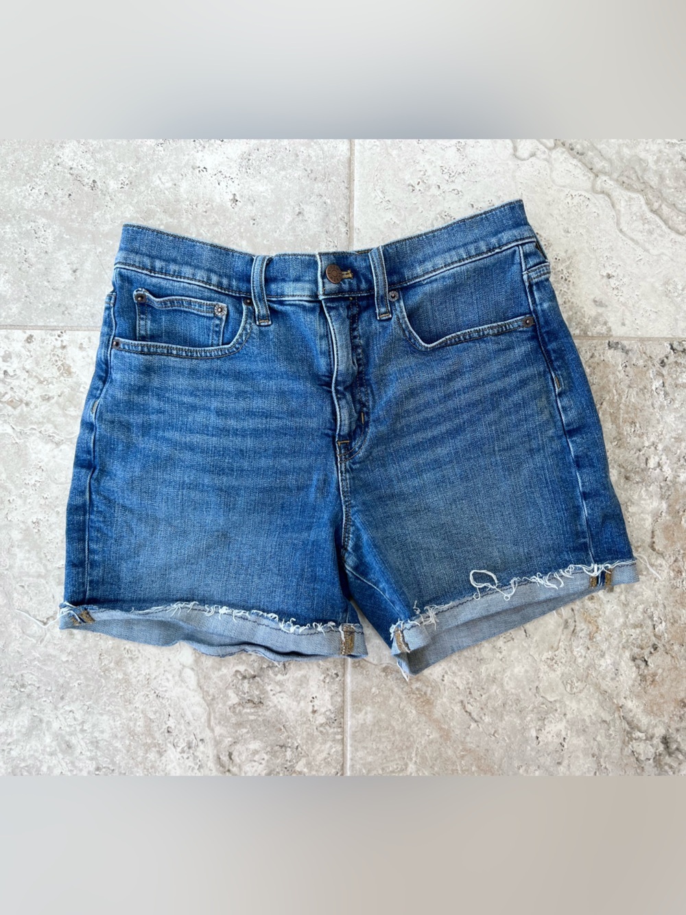 J. Crew Factory High Rise Cuffed Basic Stretch Denim Jean Shorts Medium Blue, 27